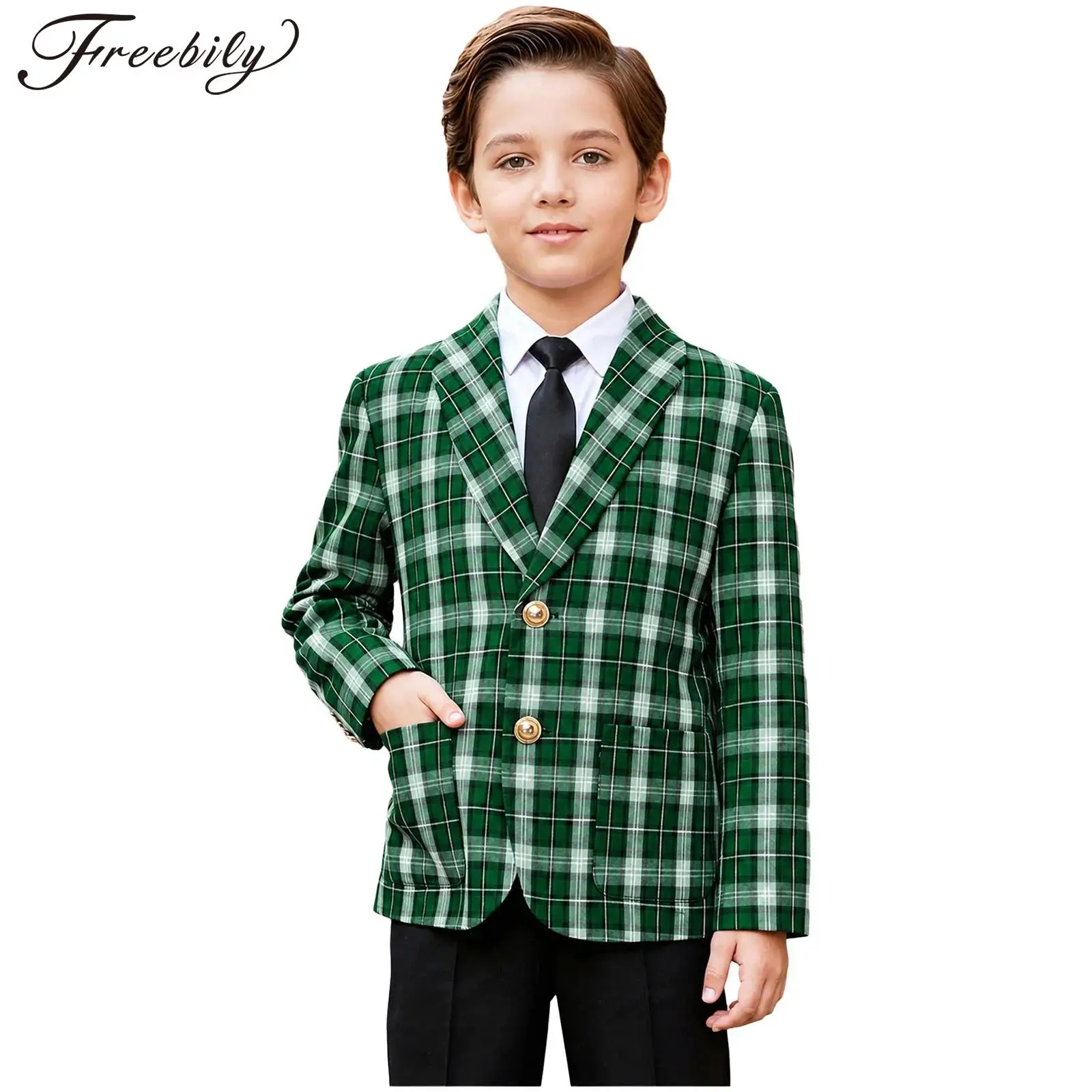 Kids Boys Formal Suit Blazer Plaid Jacket Lapel Long Sleeve Button-up Coat with Pockets for Christmas Birthday Party Wedding