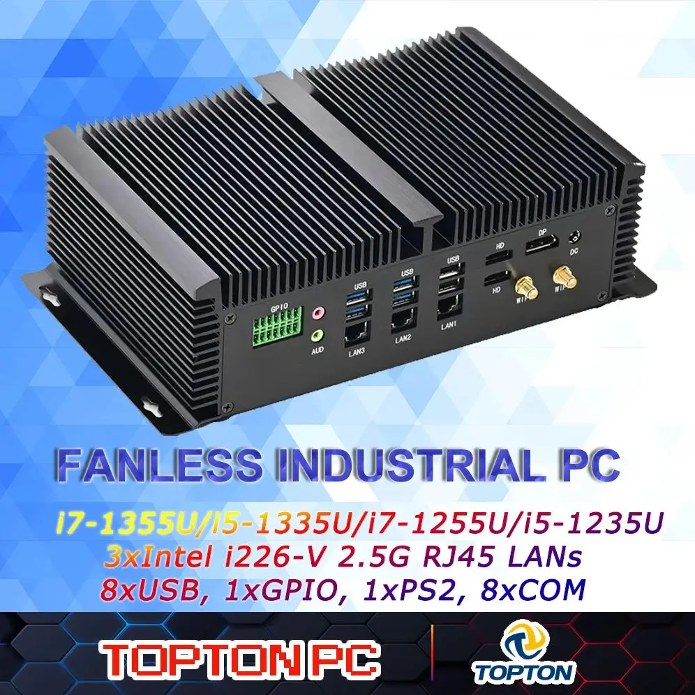 كمبيوتر صغير i7 1355U i5 1335U DDR5 Ram Nvme SSD كمبيوتر صناعي بدون مروحة 3xLan 8 * COM 8 * USB 1 * GPIO 2 * HDMI 1 * DP 4K @ 60 هرتز عرض