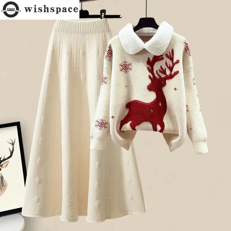 2023 Winter New Year Elk Snowflake Knitted Sweater Pullover Knitted Half Skirt Two Piece Elegant Women's Dress Set