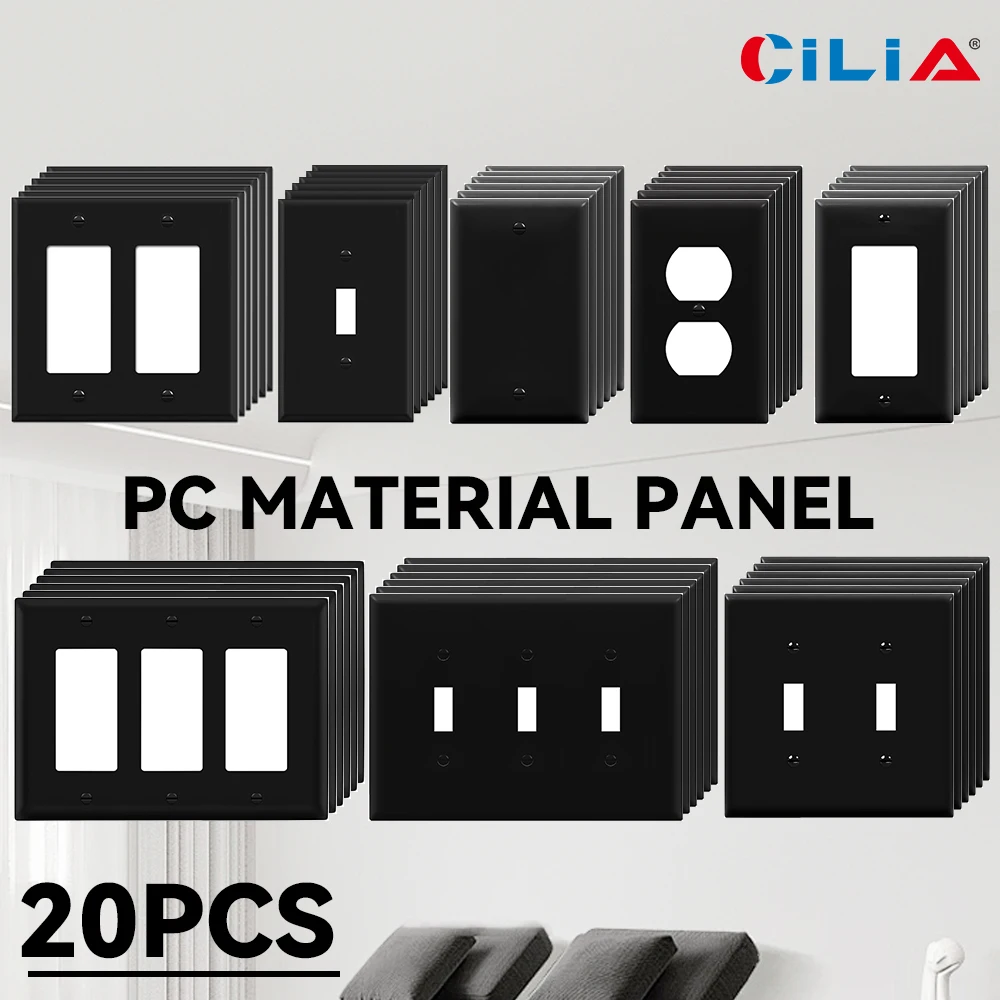 

20 pieces wall panel light switch cover, various styles, pure black, wall panel light switch socket cover, durable