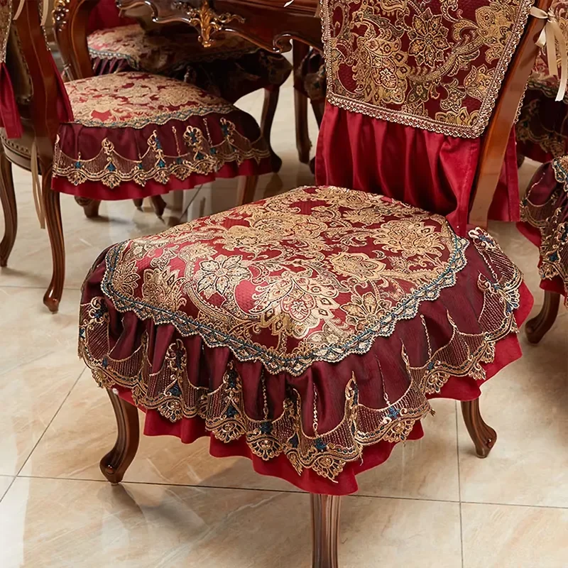 Luxury Jacquard Embroidered Chair Cover with Lace Hem Non Slip Removable Washable Seat Cushion for Dining Room Home Decor