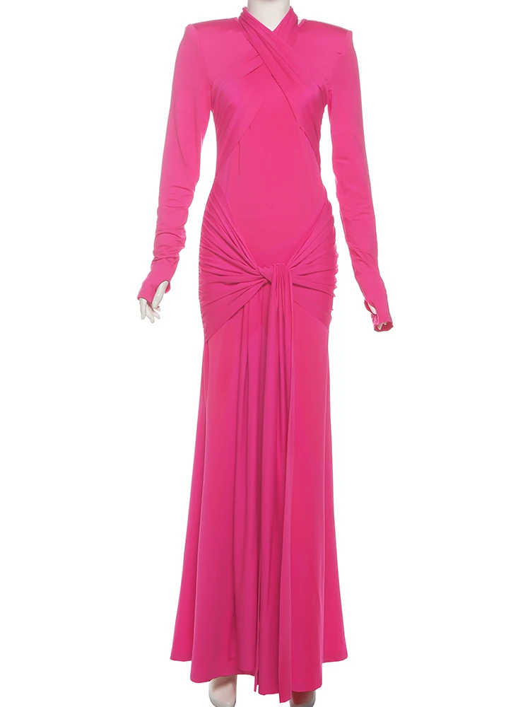 Estranho gato natal maxi vestido feminino elegante y2k manga longa ombro acolchoado bandagem fita sexy elegante magro estiramento bodycon