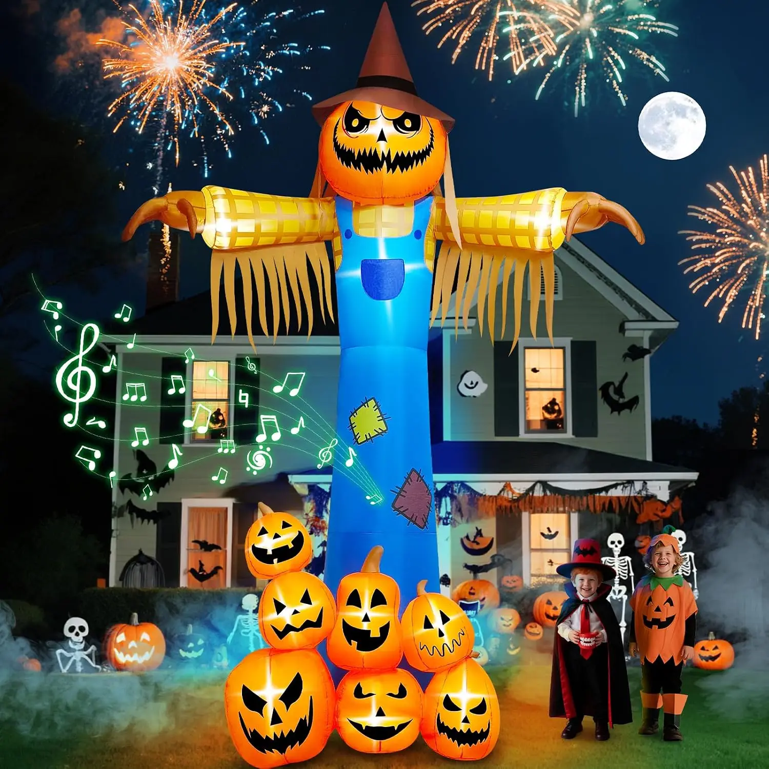 12.5-Foot Giant Pumpkin Scarecrow Halloween Inflatable with Music and Scary Sound – Blow-Up Yard Decoration for Outdoor Garden Lawn Holiday Party Supplies