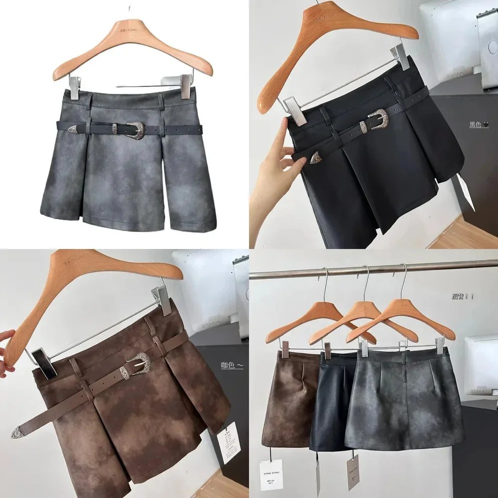 Retro American Vintage Leather Short Skirt Belt Women 2024 PU Half Body Color Blocked Pleated High Waisted A-Line Skirt New