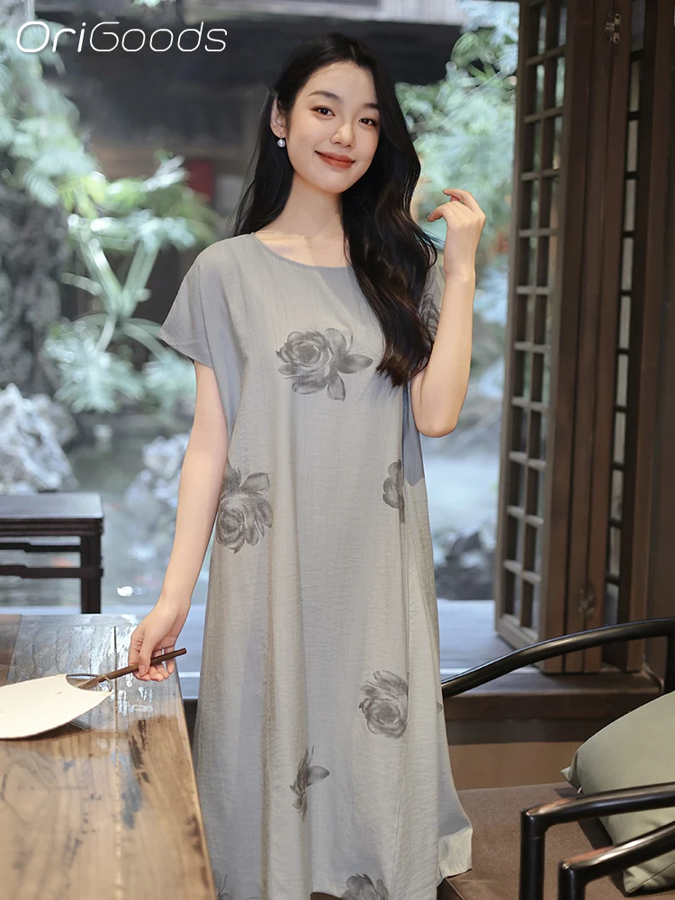 

OriGoods Soft Cool Thin Summer Dress Woman 2025 New Flower Print Knee Length Dress O-neck Short Sleeve Loose Fit Long Dress Q150