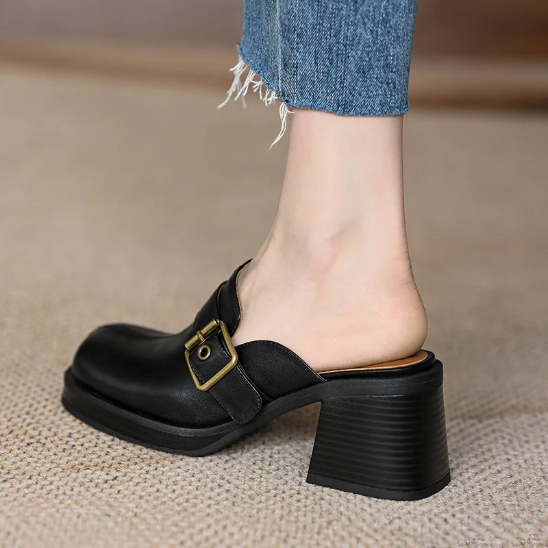 Baotou Half Slippers Women\'s New Commuter Thick Heels Thick Sole Outer Wear Muller Shoes Belt Buckle High Heels Women Shoes