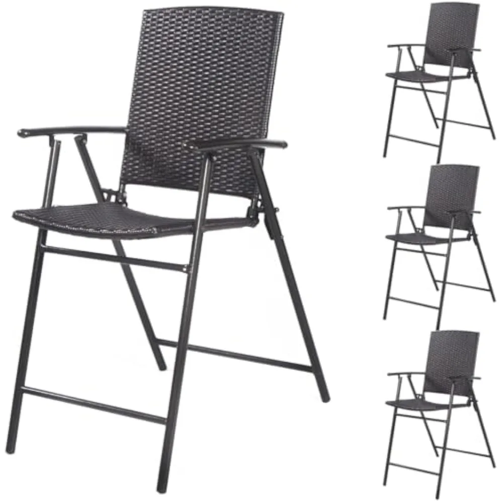 Folding Wicker Rattan Bar Chairs Set of 4, Patio Tall Stool with Armrests and Footrest Bar Chairs for Garden Patio Furniture Set