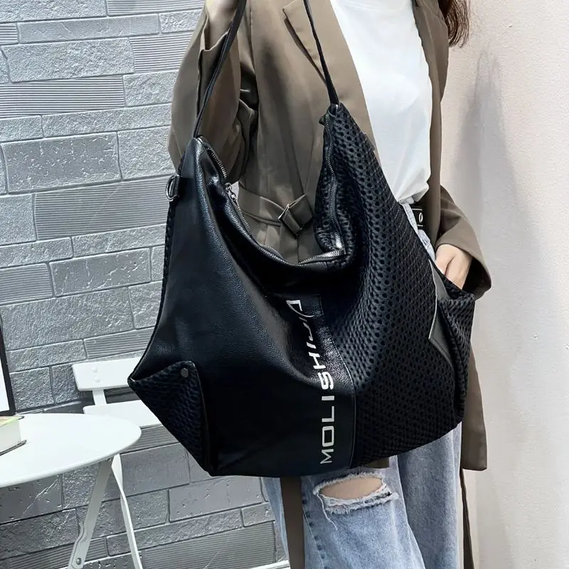 Large-capacity Tote Bag Women Mesh with Cowhide Top Handle Handbag Women Crossbody Bag Female Simple Shoulder Bag