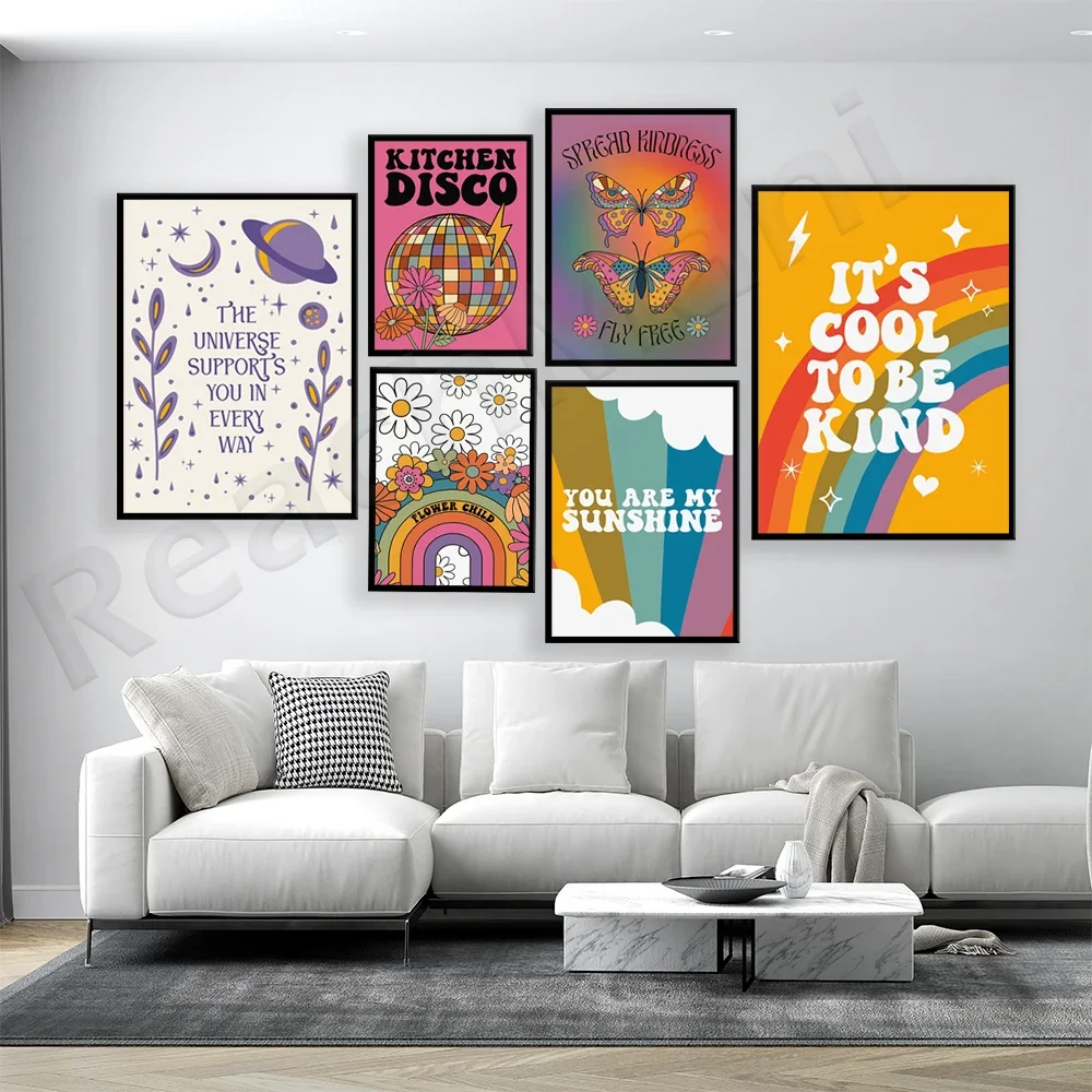 Colorful retro children's prints, flowers, rainbow, disco, funky bright bold and interesting, hippie, music lyrics, disco party