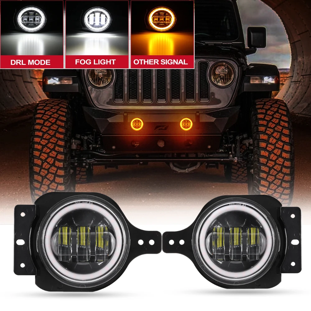 

60W LED Front Fog Lights DRL with Wire Harness & Mounting Bracket With Halo Ring Angel Eyes for Jeep Wrangler JL 2018-2022