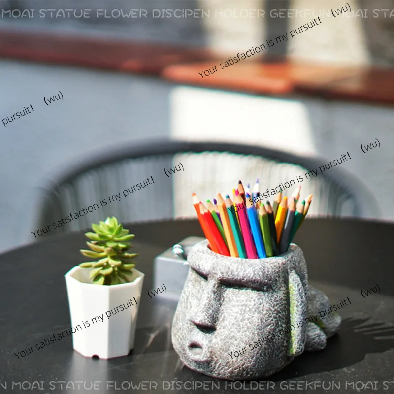 Moai Stone Portrait Creative Pen Holder Stone Man Dudu Flower Pot Office Student Desktop Decoration Storage Box Gift