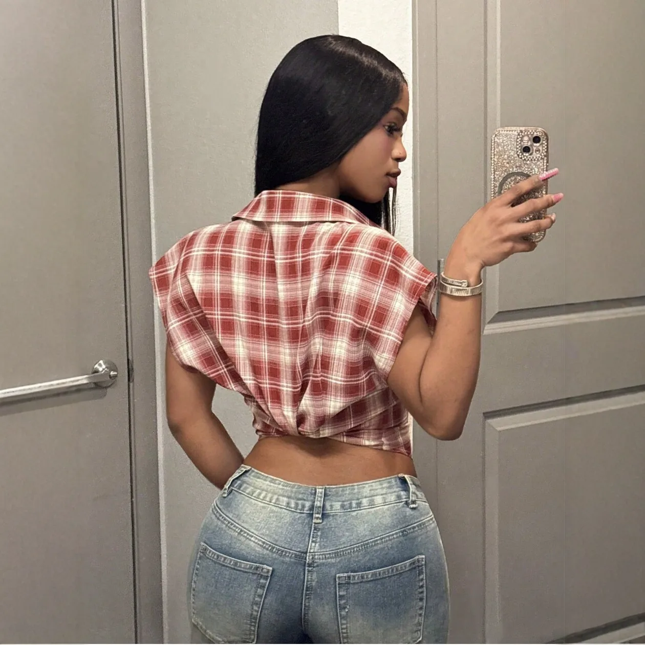 T-shirt Plaid Short-sleeved Shirt For Women, Summer Sexy Waist-baring Slim-fit Top, Hot Girl Style Robe Elegant Clothing