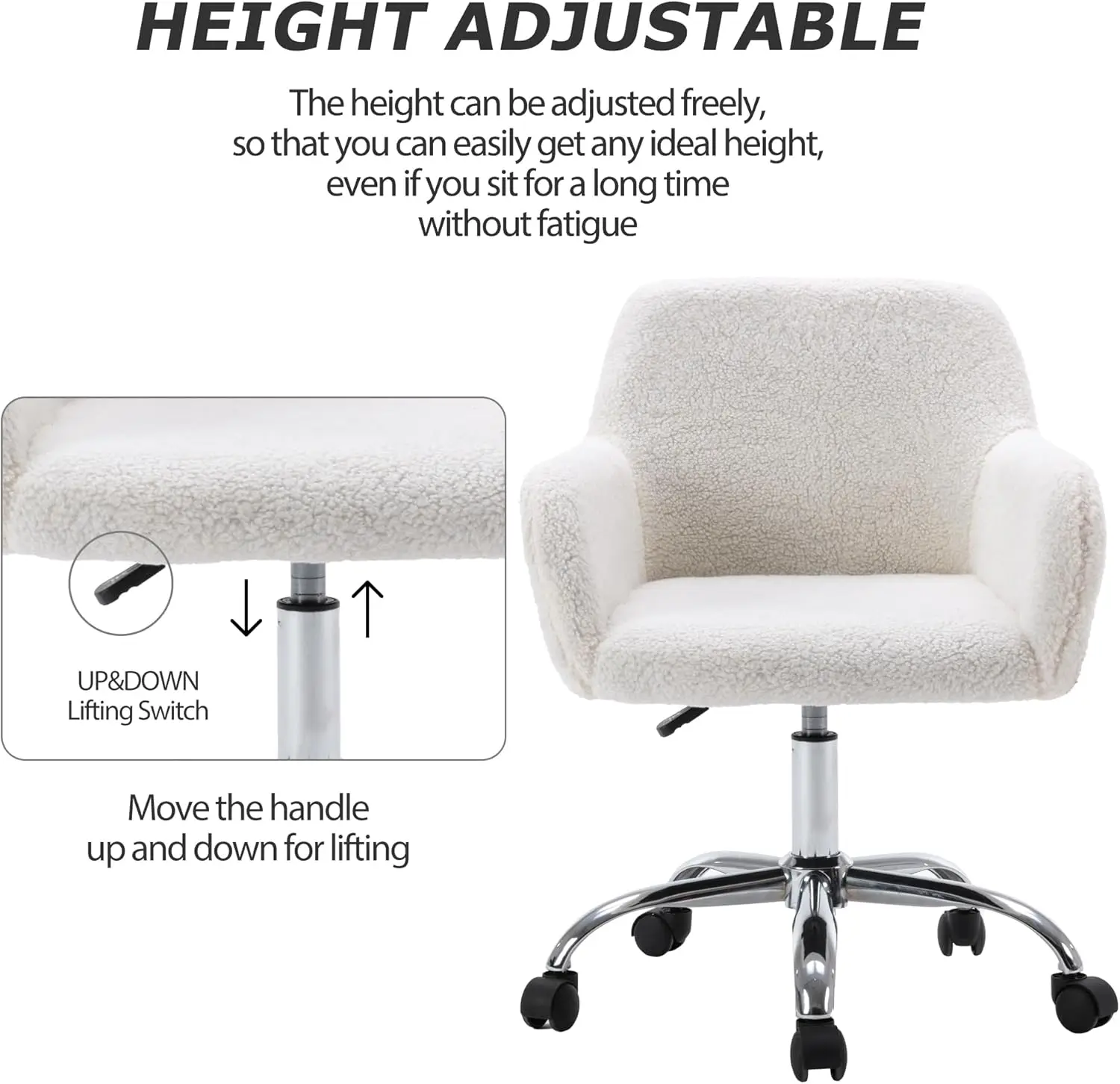 Fur Vanity Makeup Desk Chair, Comfy Fluffy Swivel Modern Leisure Armchair with Wheels, Upholstered Fuzzy Height Adjustable