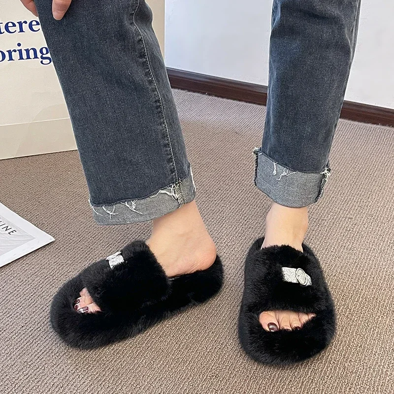 Thick Fluffy Fur Slippers 2024 New Women Winter House Warm Furry Slippers Women Flip Flops Home Slides Flat Indoor Floor Shoes