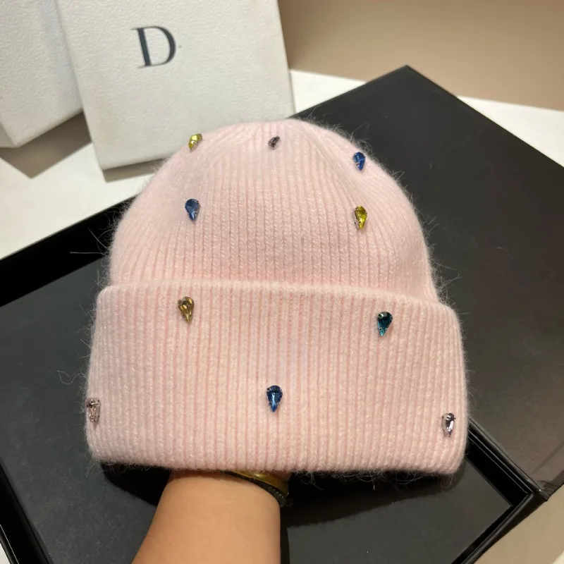 Shiny Fashion Warm Cashmere Wool Skullies Angola Rabbit Fur Winter Knitted Beanies Women Cap Female Three Fold Ski Outdoor Hats