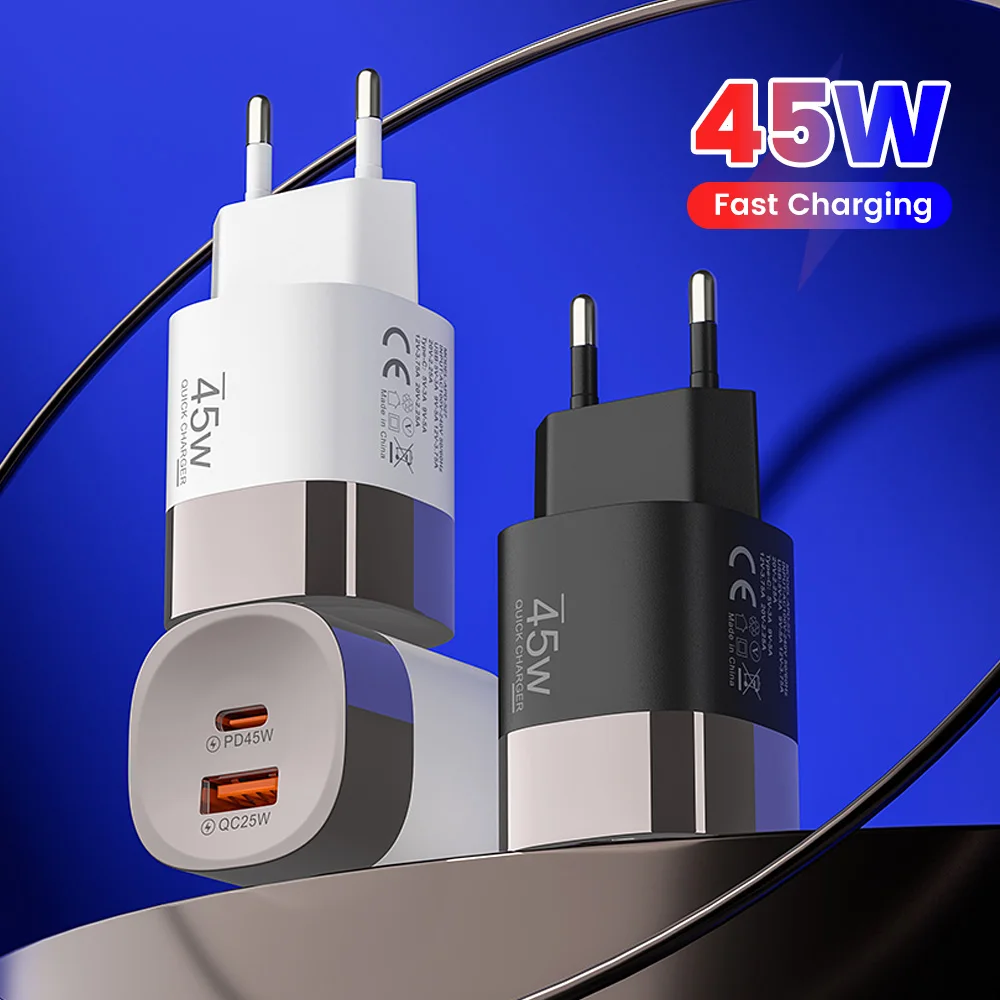 Cargador de teléfono USB tipo C de 45W, carga súper rápida, cargador de pared de 2 puertos, adaptador USB PD para iPhone, Realme, Huawei, cargador USB C