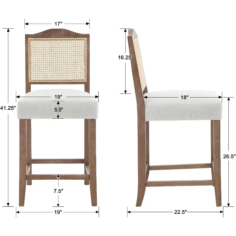 Bar Stools Set of 2 Rattan Farmhouse Bar Stools, Padded, Wooden Legs, Linen 26.5 Inches