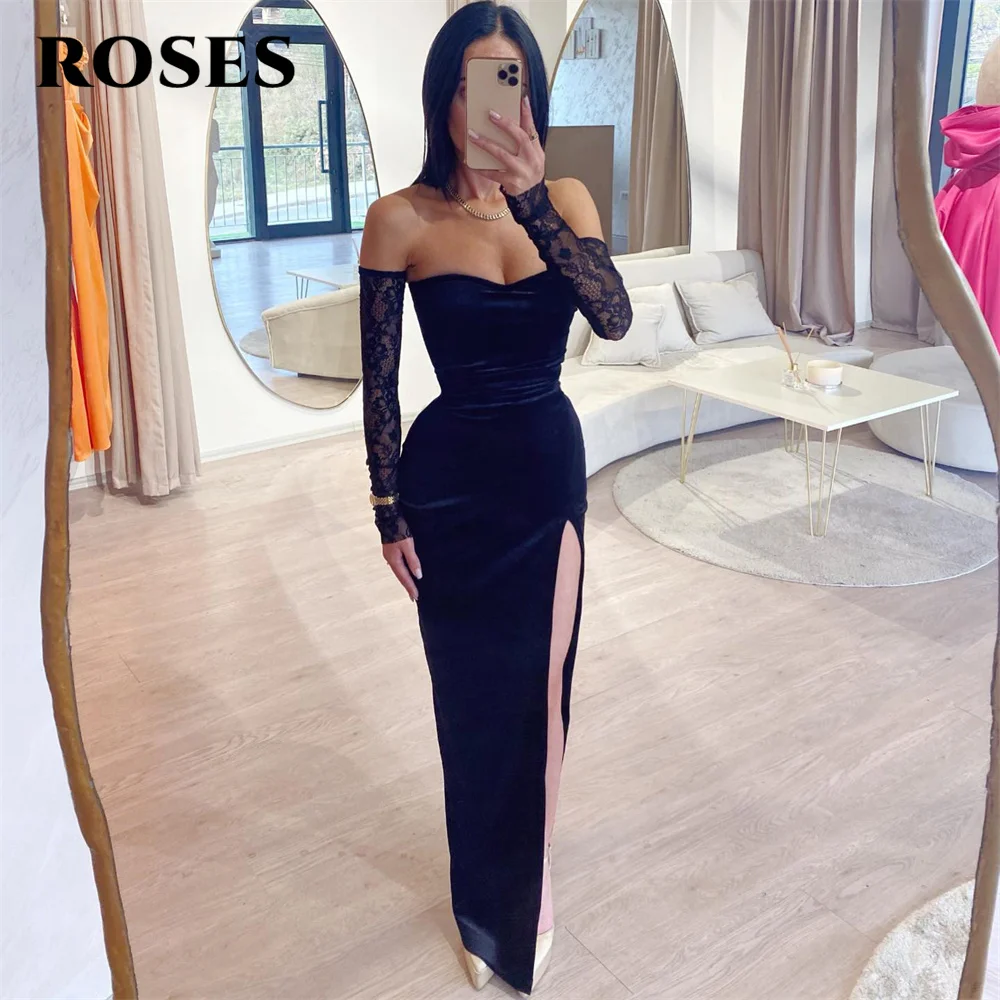 

ROSES Side Split Charming Black Prom Dresses Gowns Stain Mermaid Formal Gowns Lace Sweetheart Evening Gowns vestidos de noche