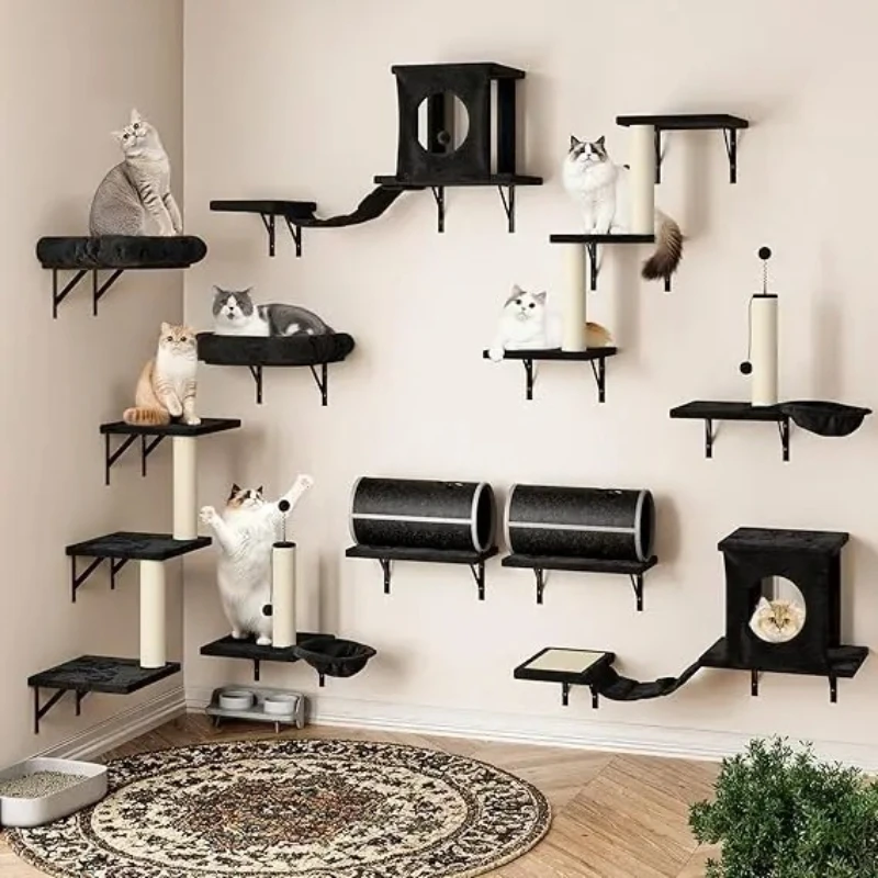 All-in-One Wall-Mounted Cat Climbing System with House, Tunnel, Bridge, Steps, and Scratching Post for Indoor Play