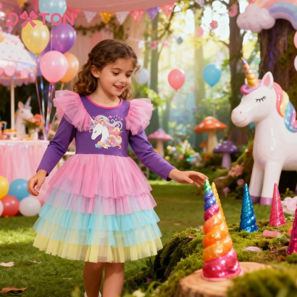 

DXTON Unicorn Children Clothing Cartoon Kids Dress For Girls Ruffled Mesh Cake Princess Dress New Toddler Holiday Party Costumes