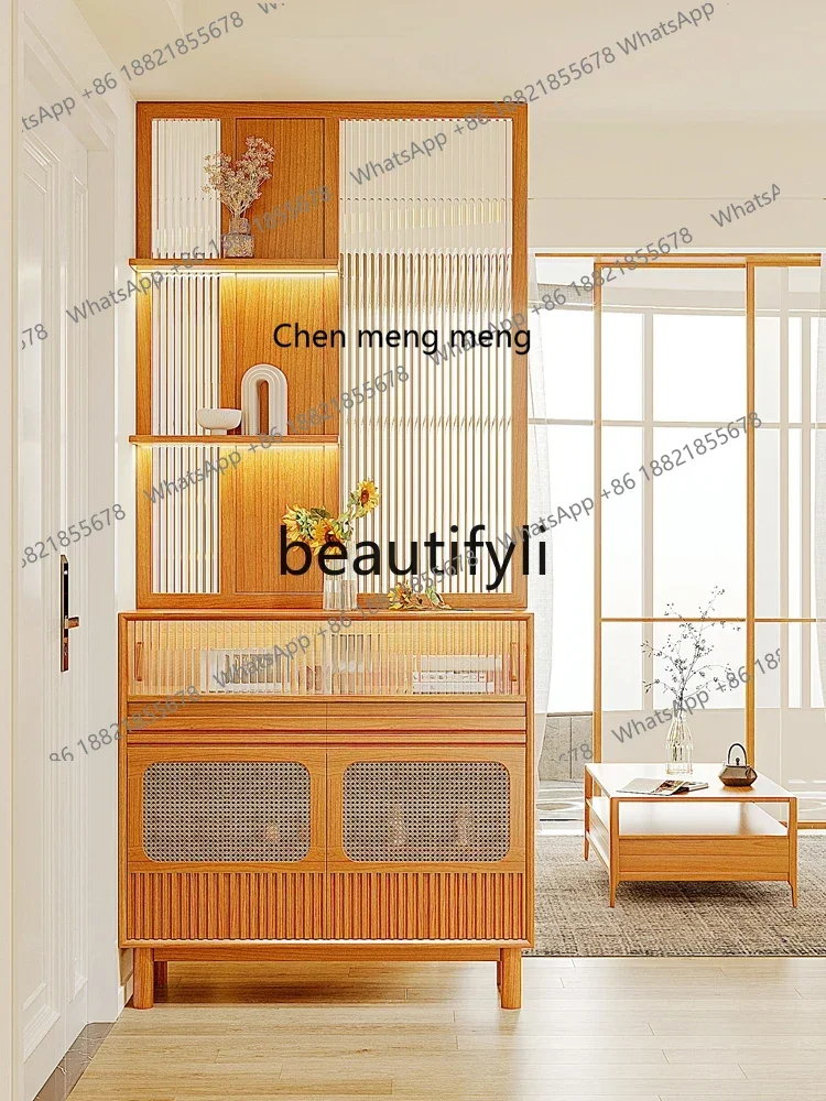 G Japanese-style solid wood entrance shoe cabinet screen interated partition rack rattan lass foyer cabinet