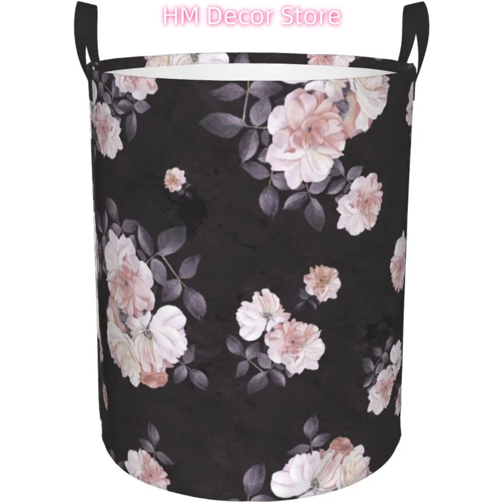 Cesta de lavandería oscura de peonía Floral rosa de acuarela con asa, cesto de tela plegable impermeable, cesta de almacenamiento redonda para baño