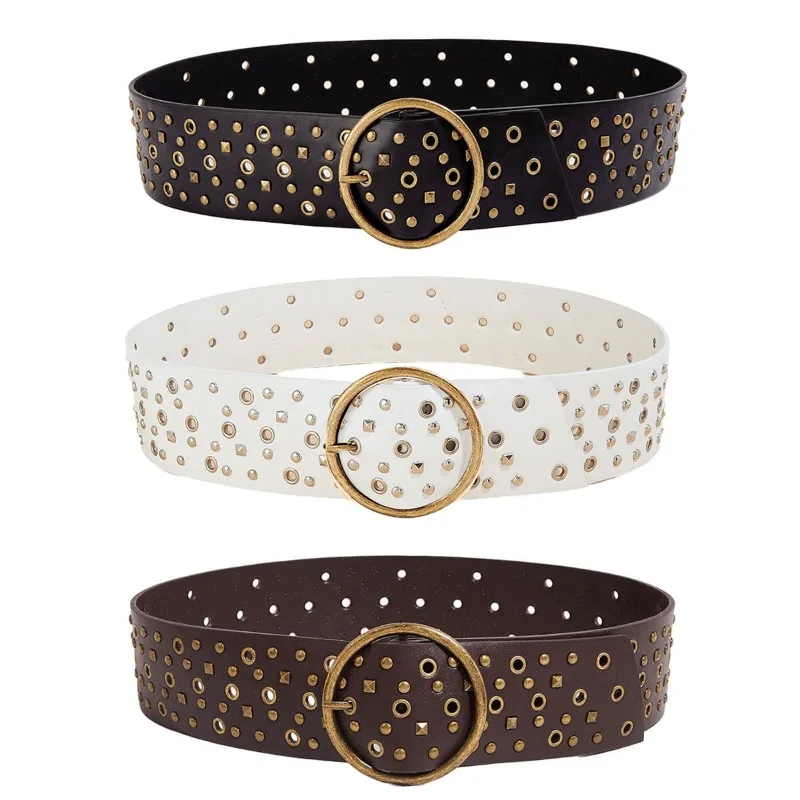 European American-Style Retro Studded Round Buckle Wide Belt Punk-Style Distressed Dresses, Women’s Waist Cincher
