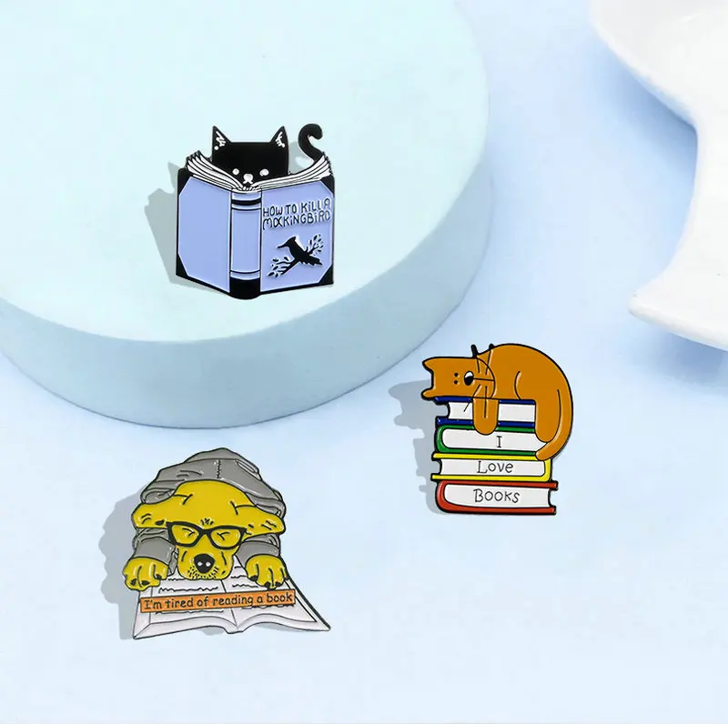 I Love Books Enamel Pin Custom Dog Cat Brooches Bag Clothes Lapel Pin Animal Reading Badge Puppy Jewelry Gift for Kids Friend