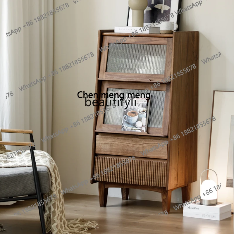 

Black walnut TV side cabinet Living room dining side cabinet Flip glass door Storage chest H