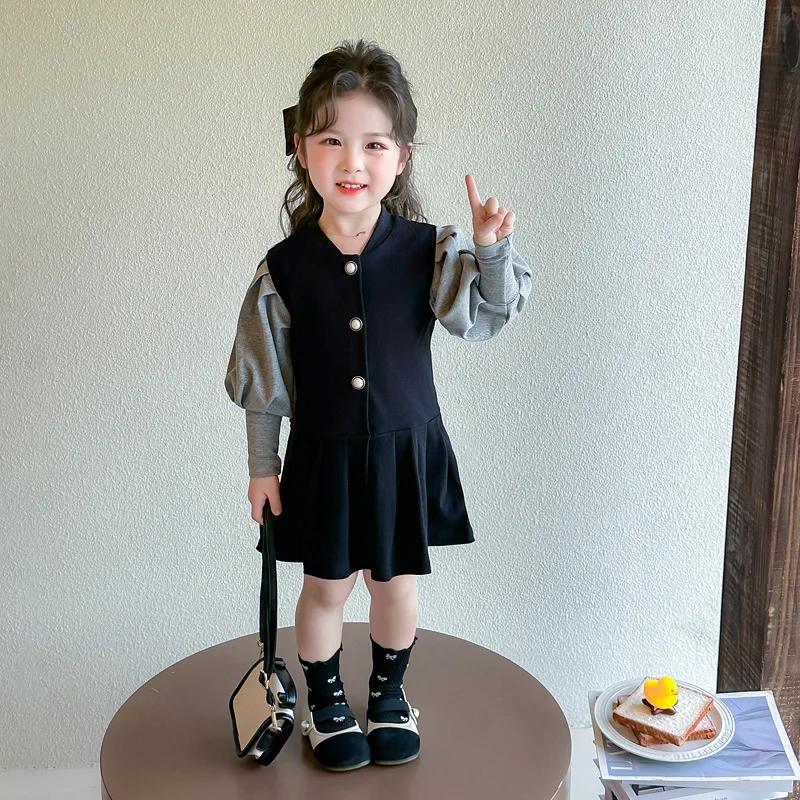 

Girls' Spring and Autumn Dress2025New Style Baby Girl Spring Outfit Fashionable Princess Dress Children's Fake Two-Piece Long Sl