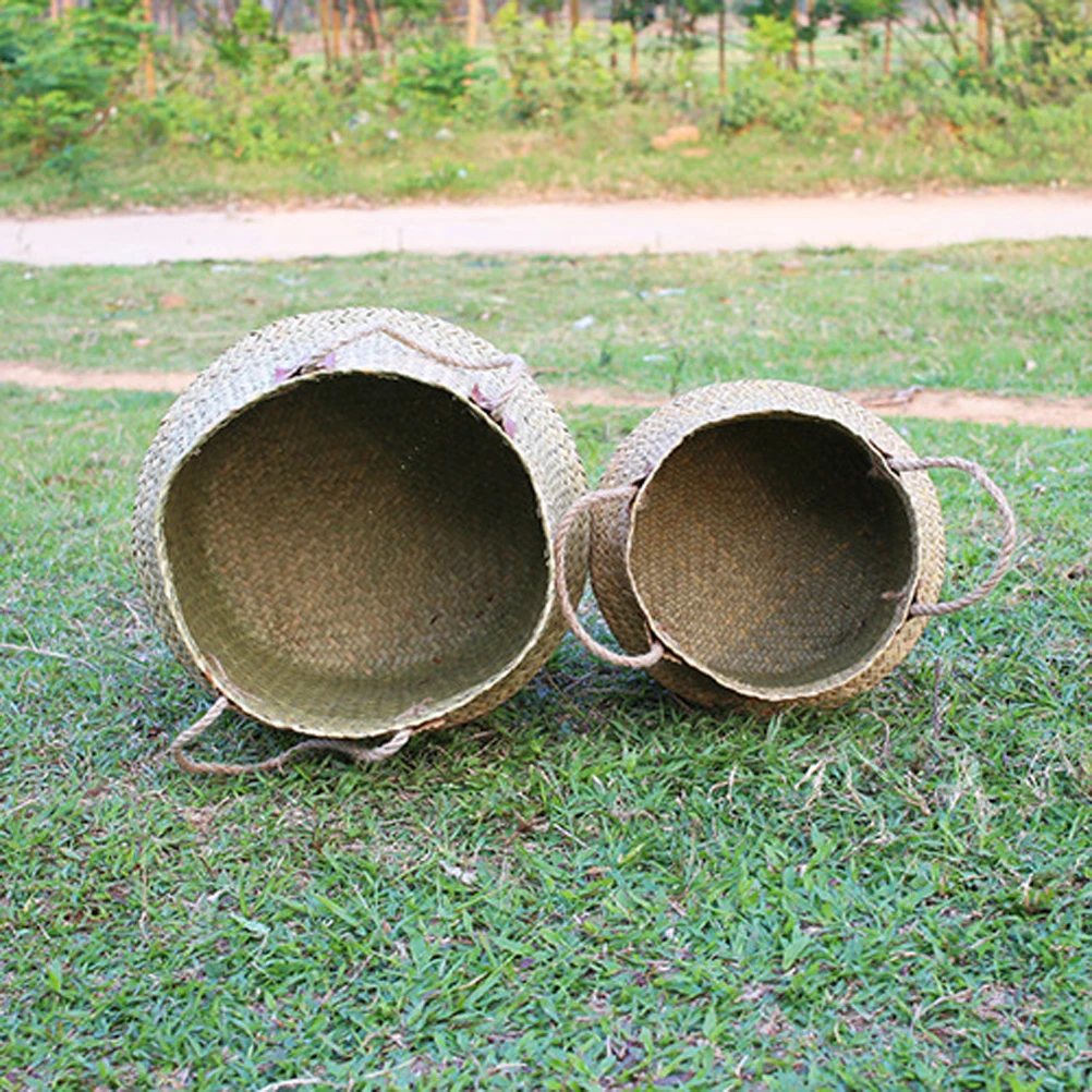 

Seagrass Woven Planter Baskets Natural Storage Flower Pot Tree Cover Rattan Laundry Handbag Shape Eco Friendly Reusable Home