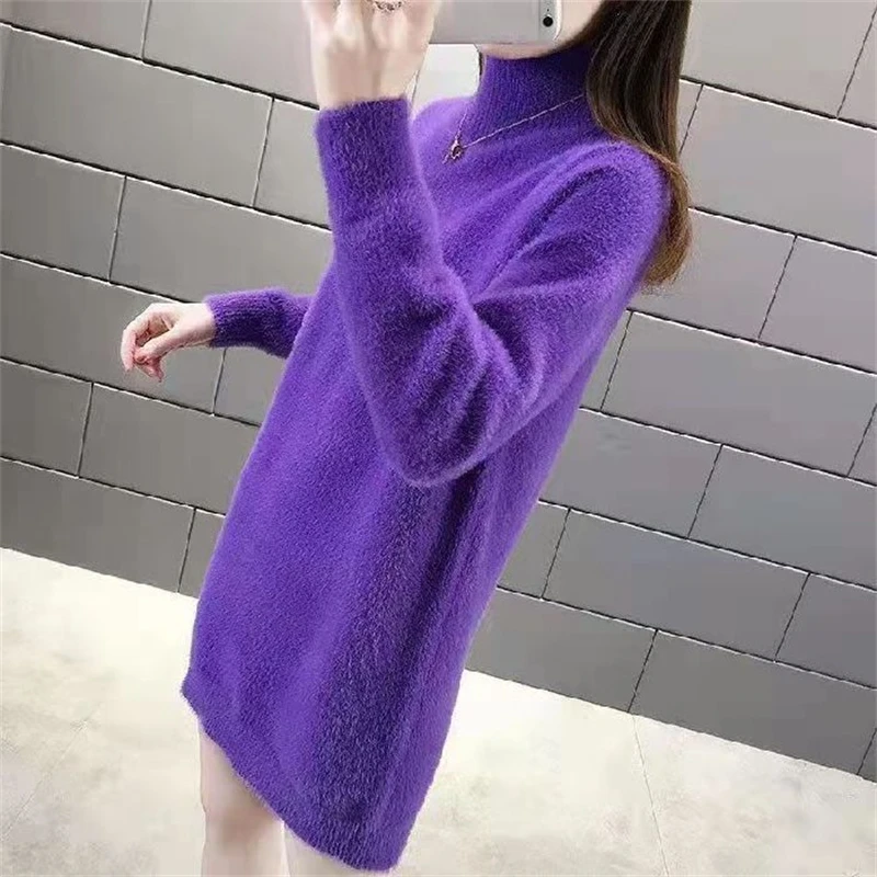 Autumn Winter Women Clothing High Collar Mink Cashmere Basic Knitted Sweater Solid Casual Loose Long Sleeve Thick Warm Pullovers