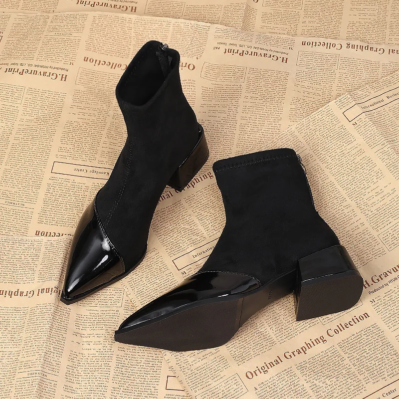 Winter Boots Women Chunky Mid Heels Suede Shoes Woman Pointed Toe  Trend Winter New Goth Walking Snow Chelsea