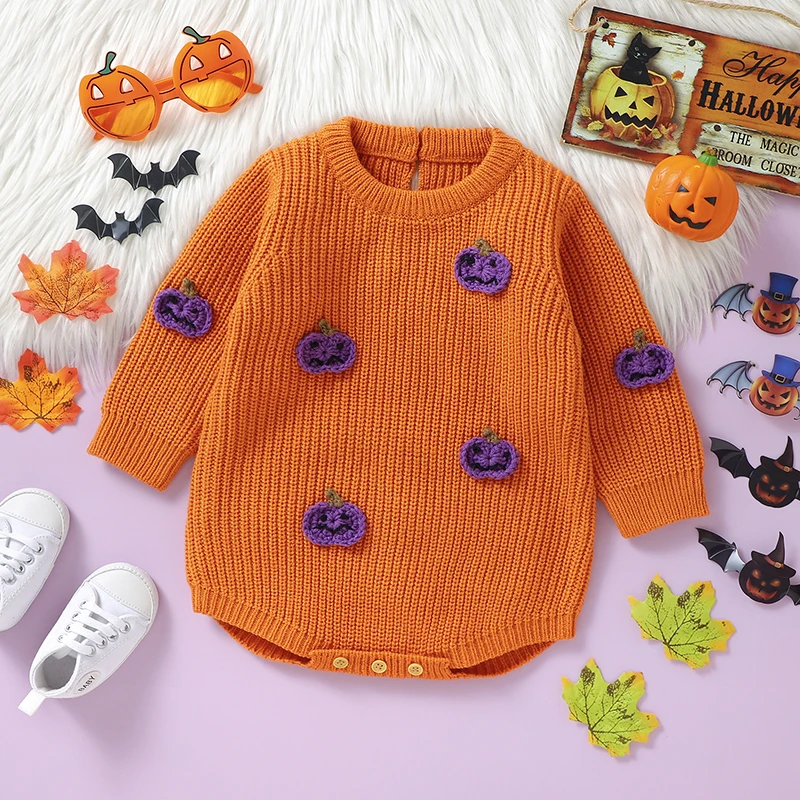 

Newborn Boy Girl Bodysuits Clothes 0-18m Winter Halloween Pumpkin Knitted Infant Netural Onesie Jumpsuits Orange Outwear Outfits