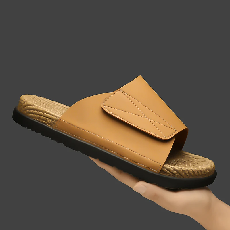 PU Leather Slippers For Men Slides Sandals Adjustable Hook&Loop EVA Textured Footbed Big Size 47 48