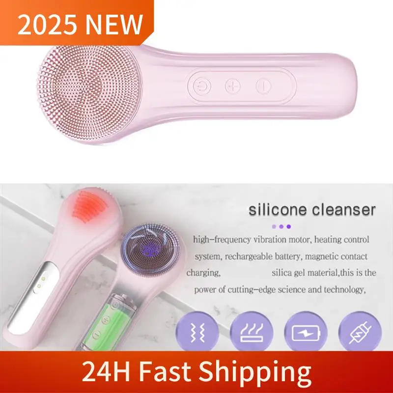 

2025 Trend Electric Facial Brush Heated Waterproof Pore Cleaner Silicone Belt Magnet Charger Facial Cleansing Device