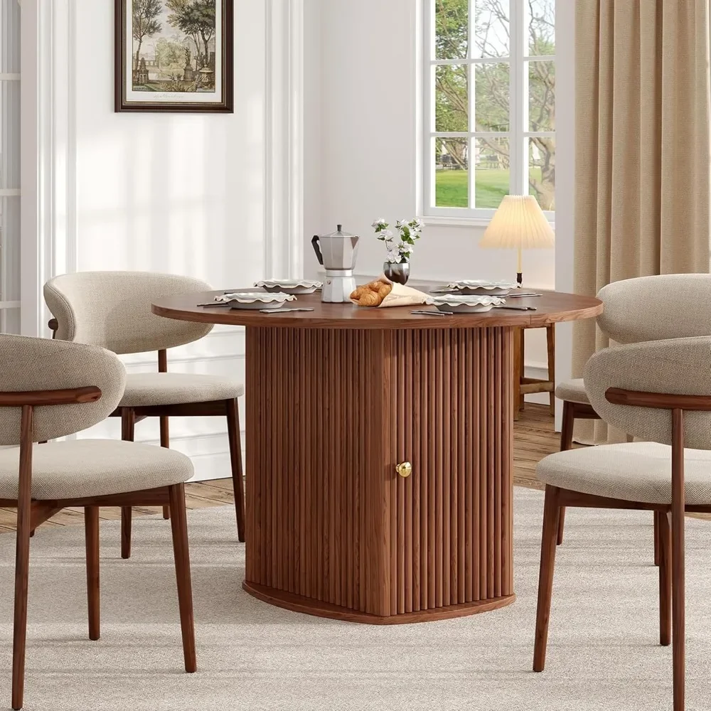 Round Dining Table for 4-6 People, 47.24 Inch Farmhouse Kitchen Table with Wave-Patterned Fluted Base