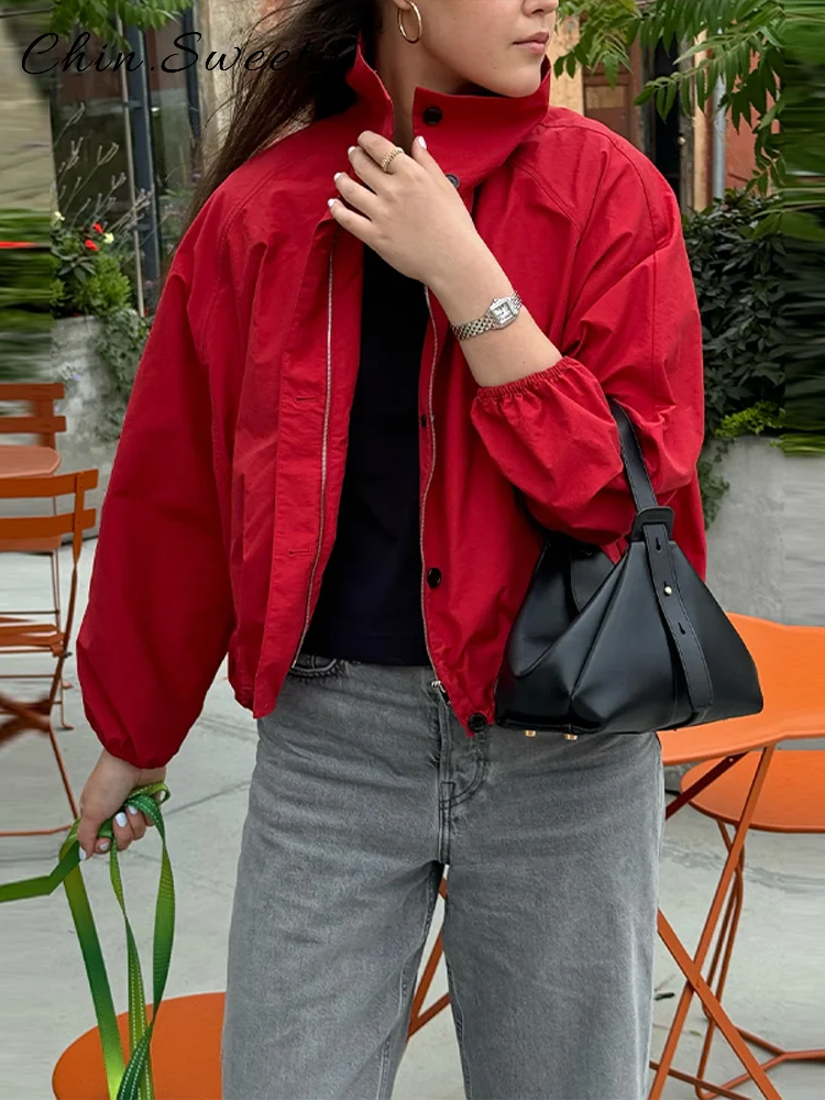 

Casual Zipper Buttons Cropped Jacket Women Red Loose Lapel Full Sleeve Vintage Coat 2025 Autumn Lady All-match Chic Streetwears