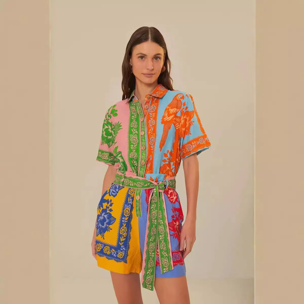 

2025 Summer New Loose Casual Printed Jumpsuit Women Turn Down Collar Playsuits Belt Short Sleeve Woman Rompers Boho Holiday