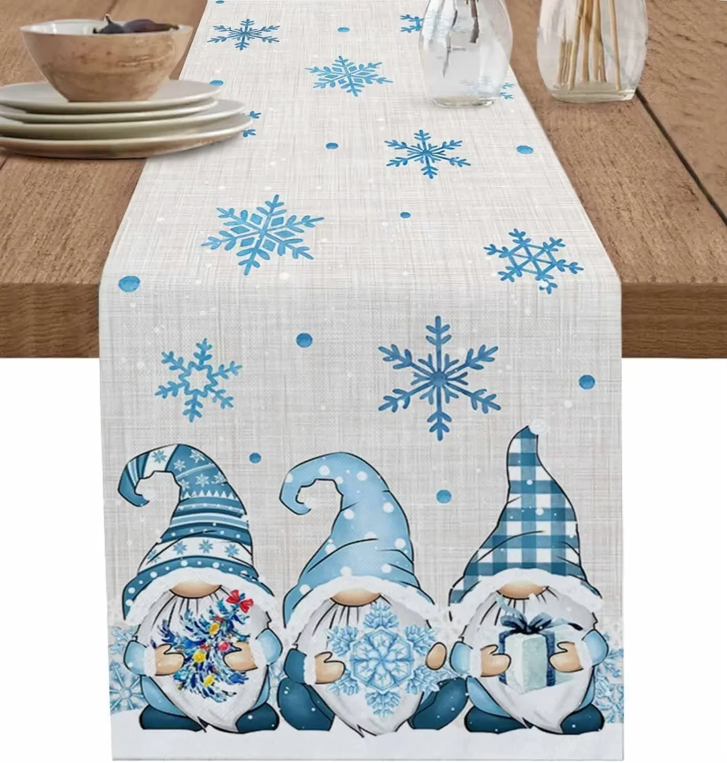 Christmas Blue Gnomes Winter Snowflake Theme Table Runner Festival Holiday Party Decoration Reusable Kitchen Dining Home Decor