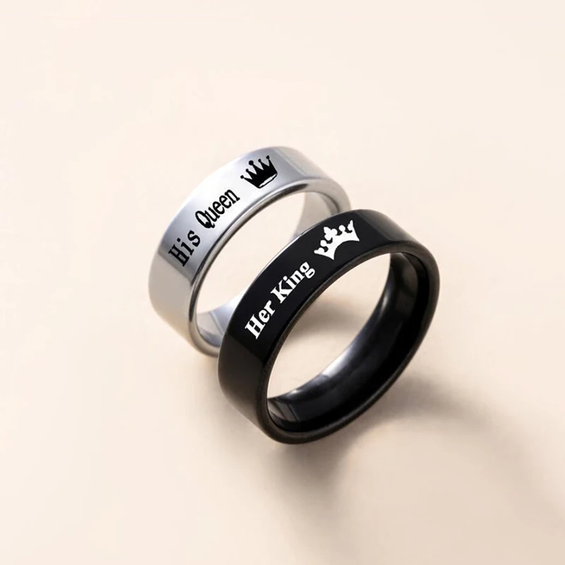 2 PCS Her King His Queen Ring Stainless Steel Black Silver Plated Crown Couple Rings For Lovers Wedding Jewelry Gifts