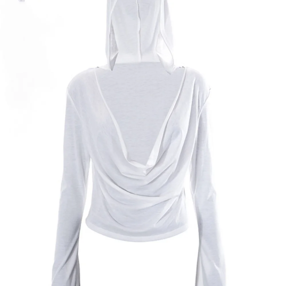 Casual Deep V Cowl Neck Hooded Tshirt for Womens Sexy Long Sleeve White Sheer Crop Top Women\'s Shirt Summer Tops 2023 Fashion