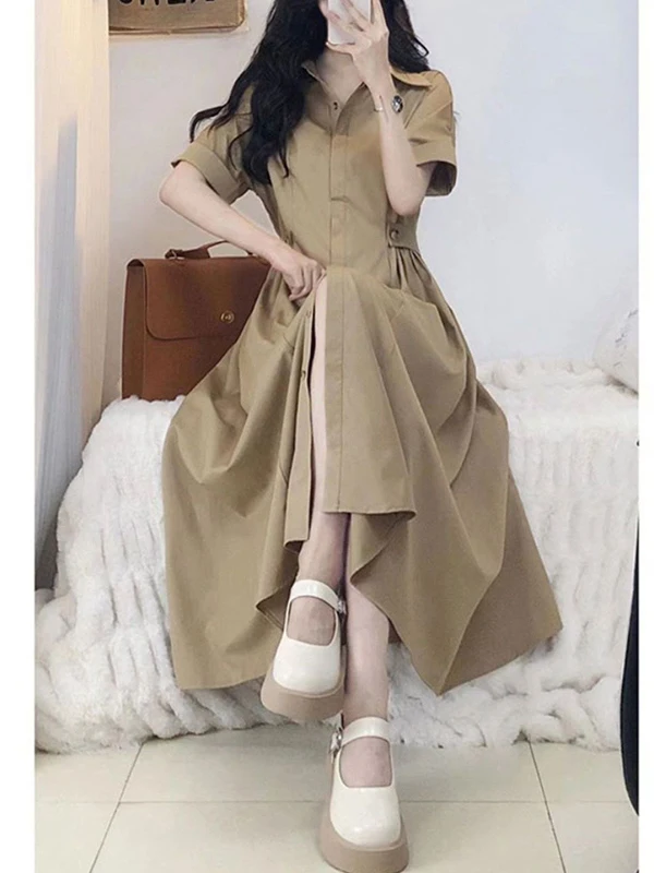 

plus Size Women's Short Sleeve Shirt Dress Hong Kong Style Slimming A-Line Summer Casual Fashionable Dress for Heavy Girls