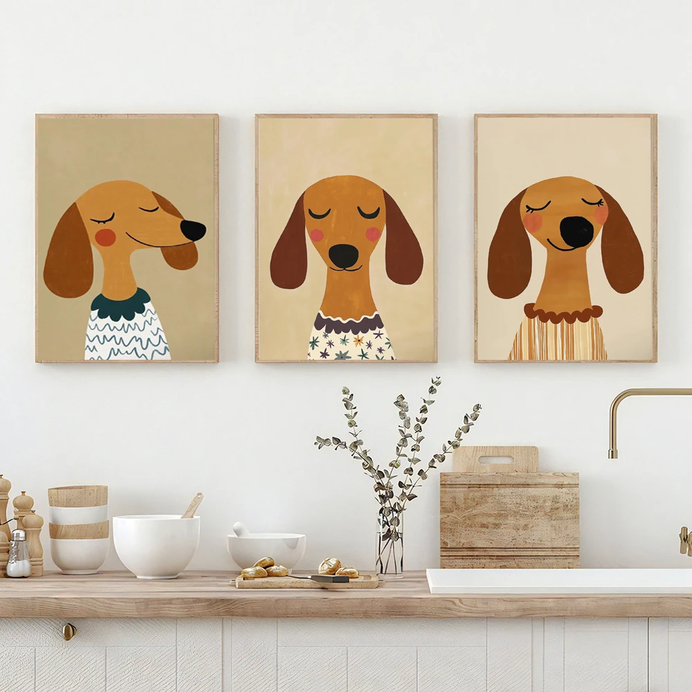 1PC frameless decorative art print,Minimalist Dog Aesthetics Poster Dachshund Bagel Hound Whippet Poodle Modern Pet Portrait Ill