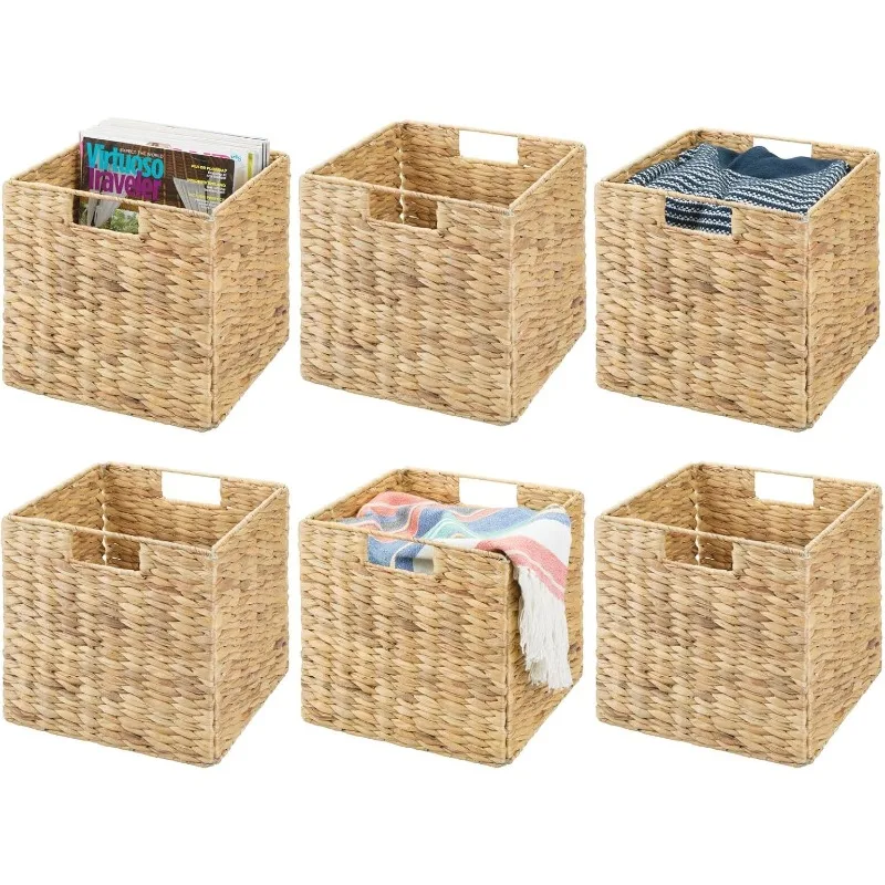 Natural Woven Hyacinth Cube Organizer Basket with Handles, Storage for Bathroom, Laundry Room Shelf or Nursery