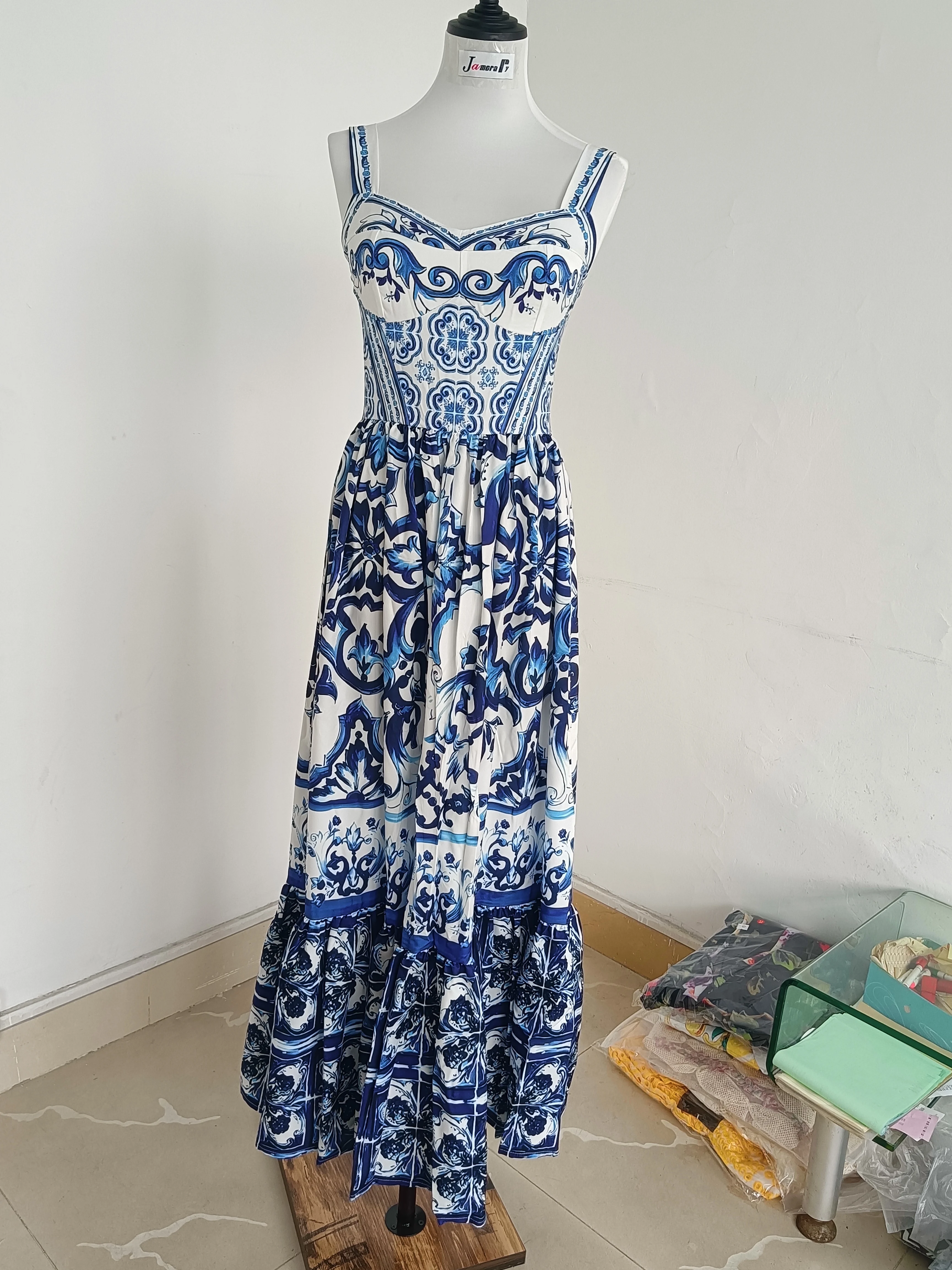 chinese dress ladies Cotton Poplin Color Block Maxi Dress Red/White/Blue