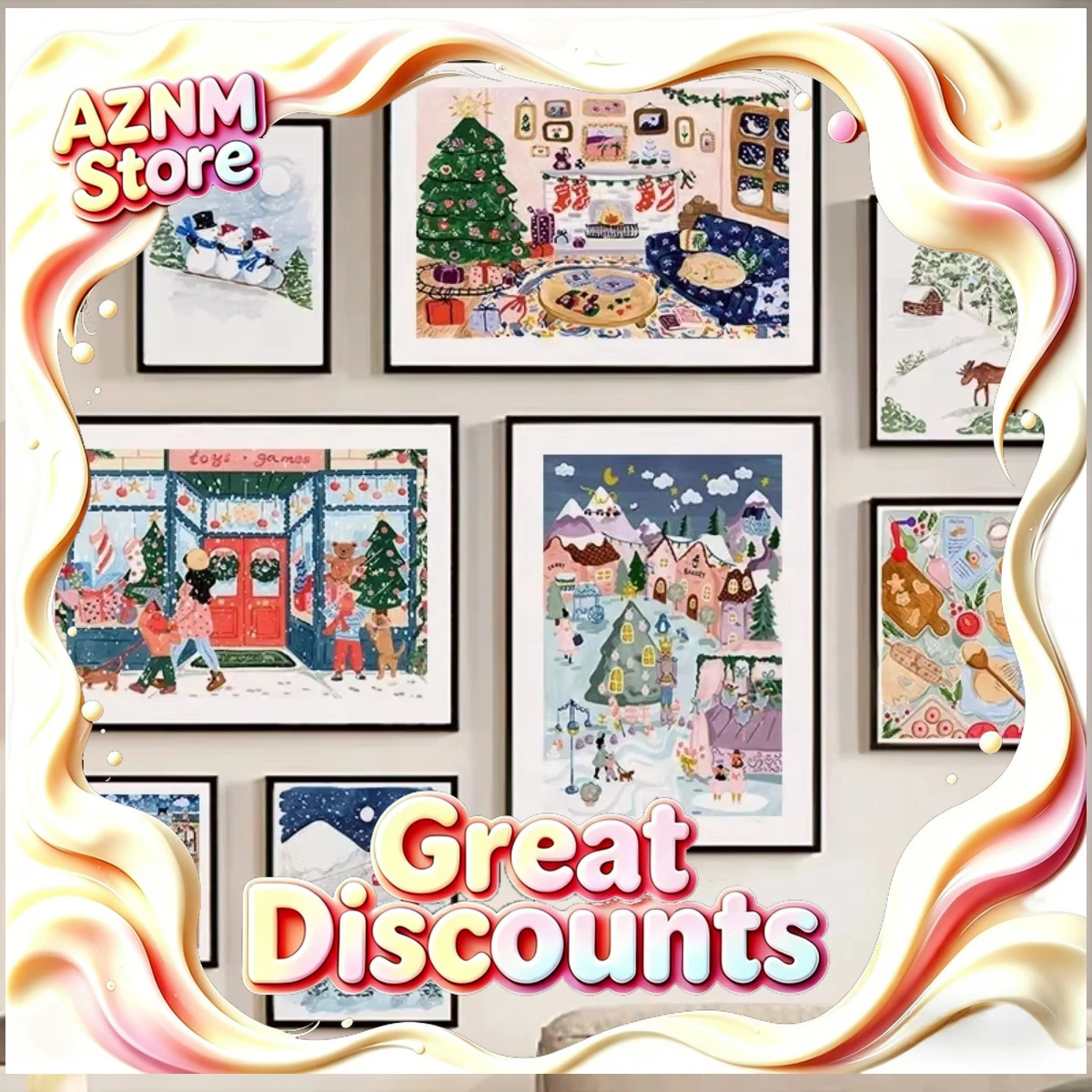 Joyful Winter Skiing, Skating, Snowman Poster Printing, Warm Indoor Shop Gathering, Canvas Painting, Home, Bedroom, Shop Deco