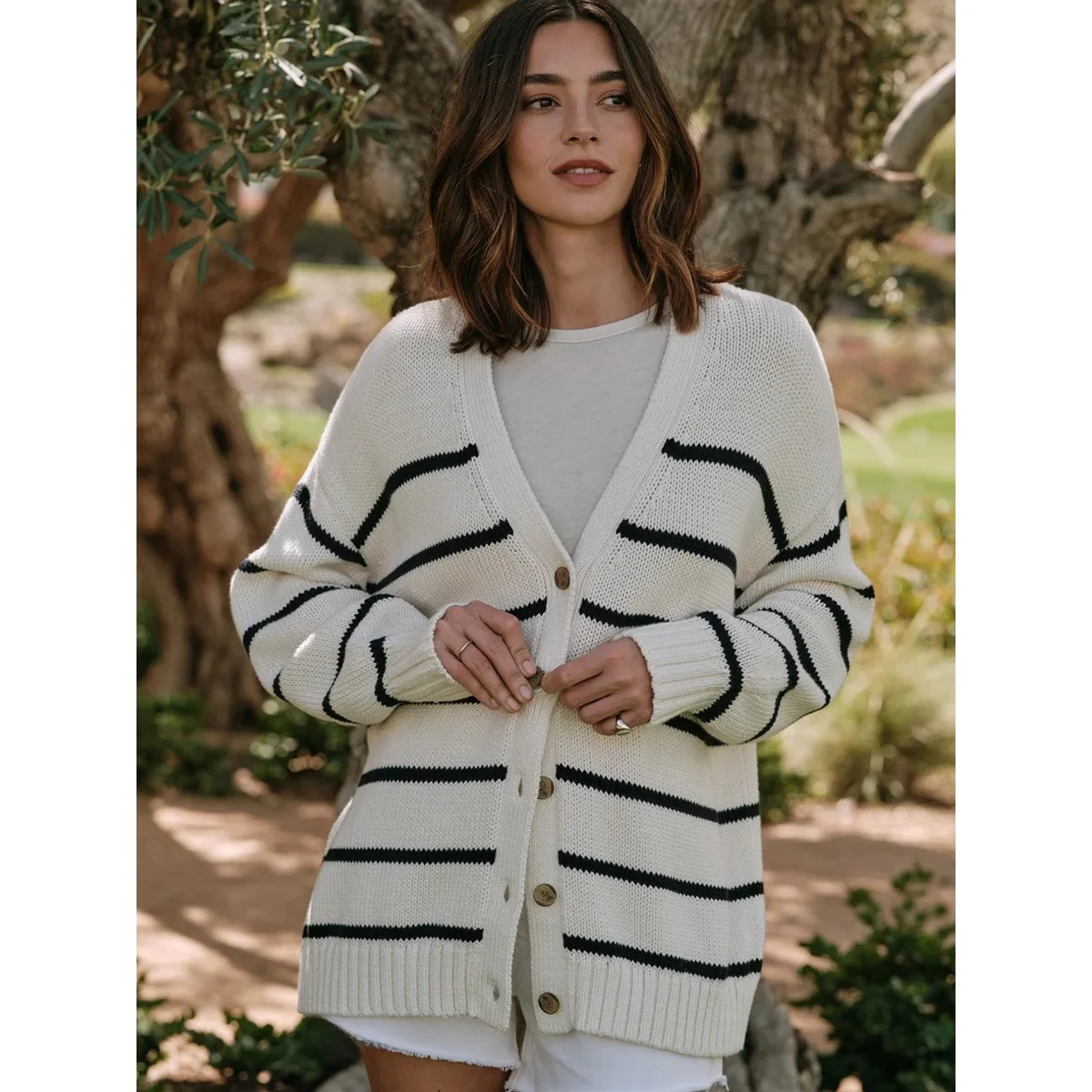 

Повседневный женский вязаный кардиган с V-образным вырезом в полоску, свободный свитер средней длины с длинными рукавами, на лето, из смесового хлопка, с открытым передом