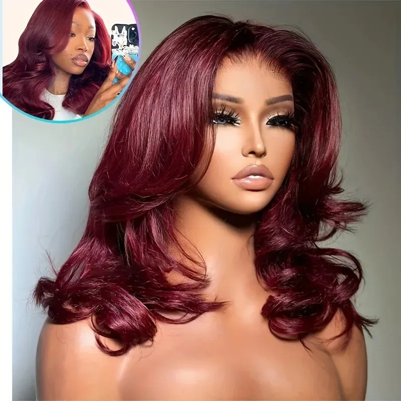 

99J Burgundy Red Short Bob Body Wave Lace Front Wig 20Inch 13X4 HD Pre Plucked Synthetic Lace Frontal Wig Heat Resistant Cosplay