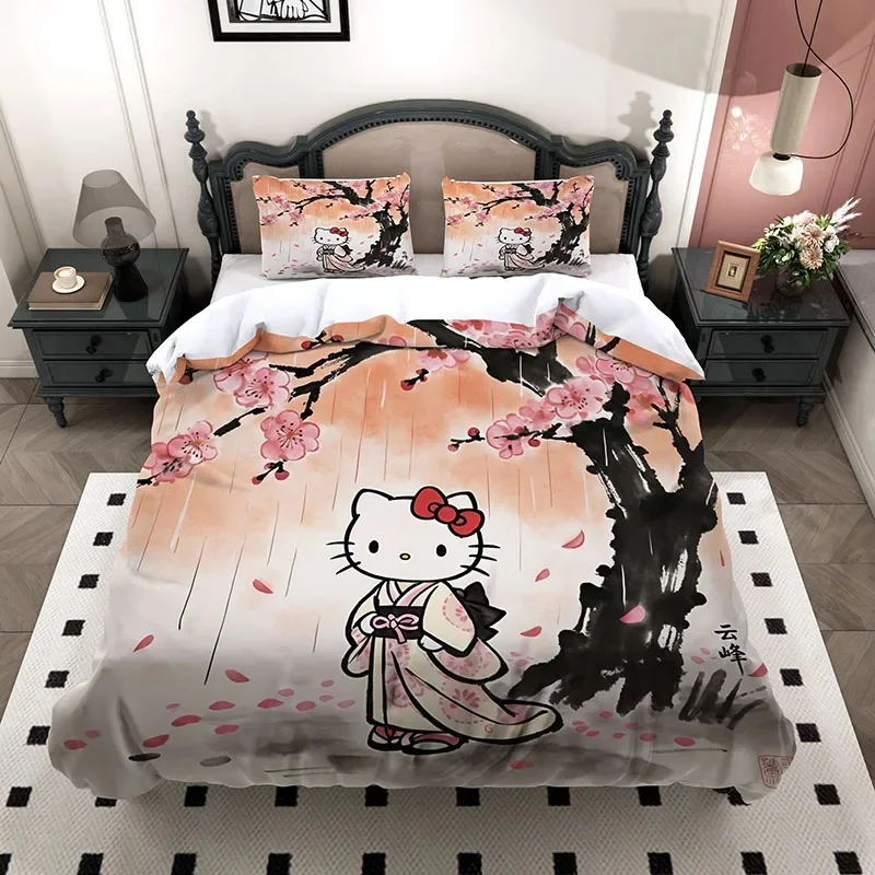 Hello Kitty 3Pcs Microfiber Bedding Set, 3D Ink Style Cherry Blossom Kimono Kitty Duvet Cover And 2 Pillowcases For Girls Bedroo